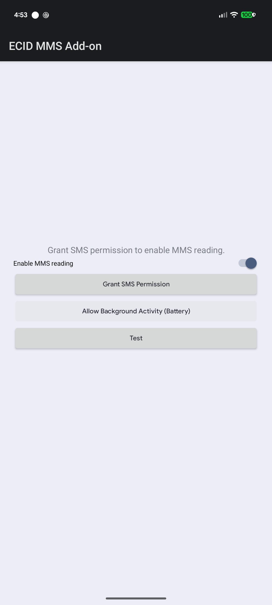 ECID MMS Add-on screen prompting to grant SMS permission