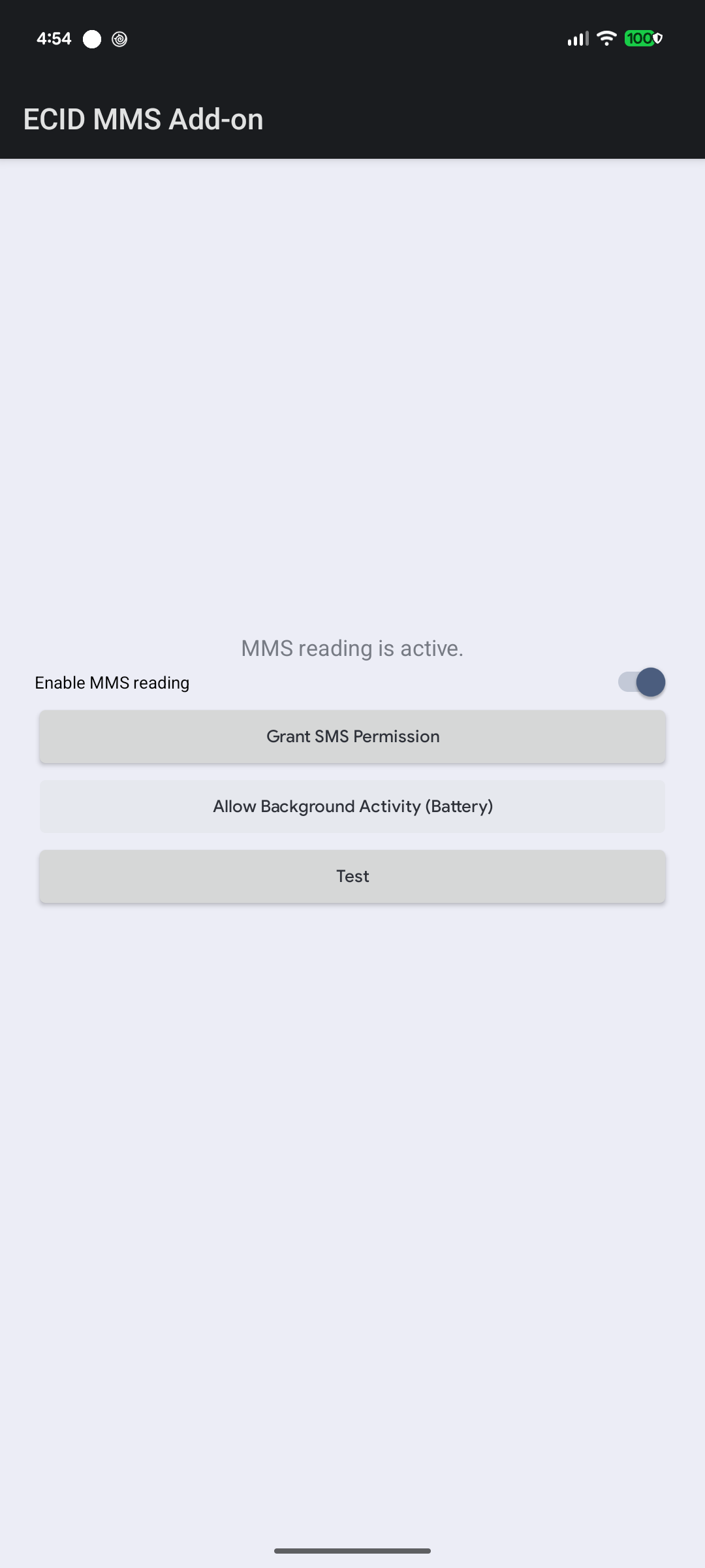 ECID MMS Add-on screen showing MMS reading is active